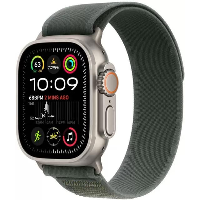 Умные часы Apple Watch Ultra 2 LTE 49 мм (титановый корпус, титановый/зеленый, нейлоновый ремешок M/L)
