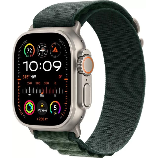 Умные часы Apple Watch Ultra 2 LTE 49 мм (титановый корпус, титановый/зеленый, текстильный ремешок размера M)