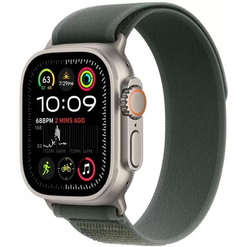 Умные часы Apple Watch Ultra 2 LTE 49 мм (титановый корпус, титановый/зеленый, нейлоновый ремешок M/L)