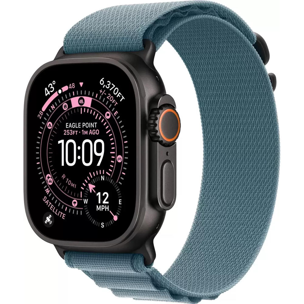 Умные часы Apple Watch Ultra 3 LTE 49 мм (титановый корпус, черный/голубой, текстильный ремешок размера M)