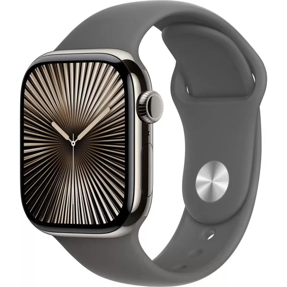 Умные часы Apple Watch Series 10 LTE 42 мм (титановый корпус, титановый/серый, спортивный силиконовый ремешок M/L)