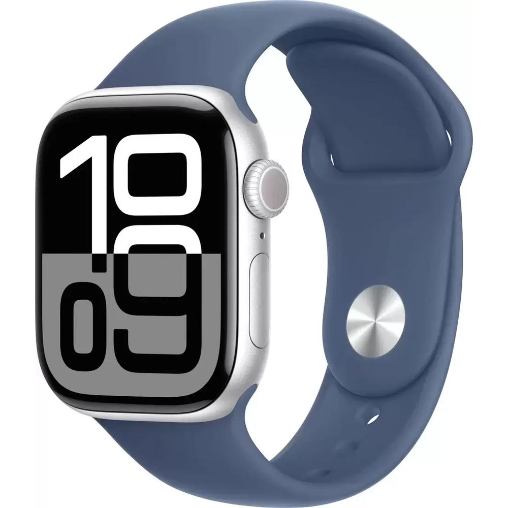 Умные часы Apple Watch Series 10 46 мм (алюминиевый корпус, серебристый/синий, спортивный силиконовый ремешок S/M)
