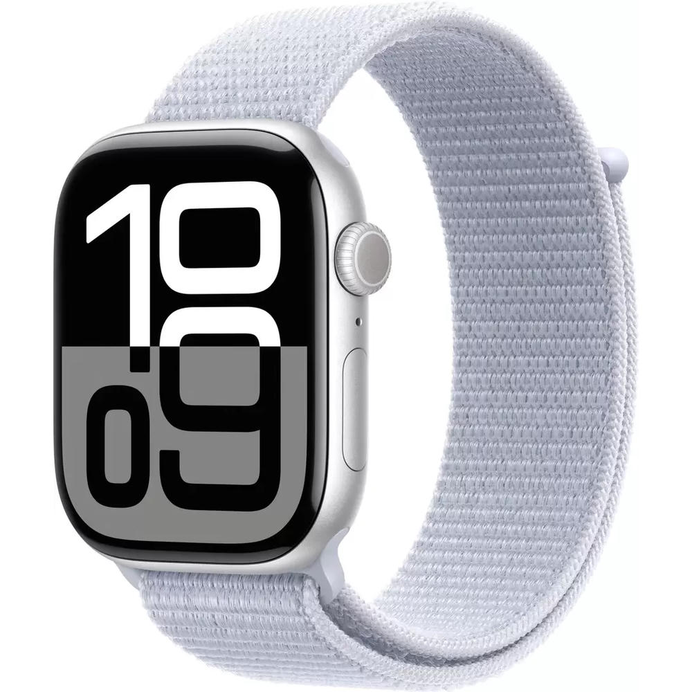 Умные часы Apple Watch Series 10 46 мм (алюминиевый корпус, серебристый/голубой, нейлоновый ремешок)