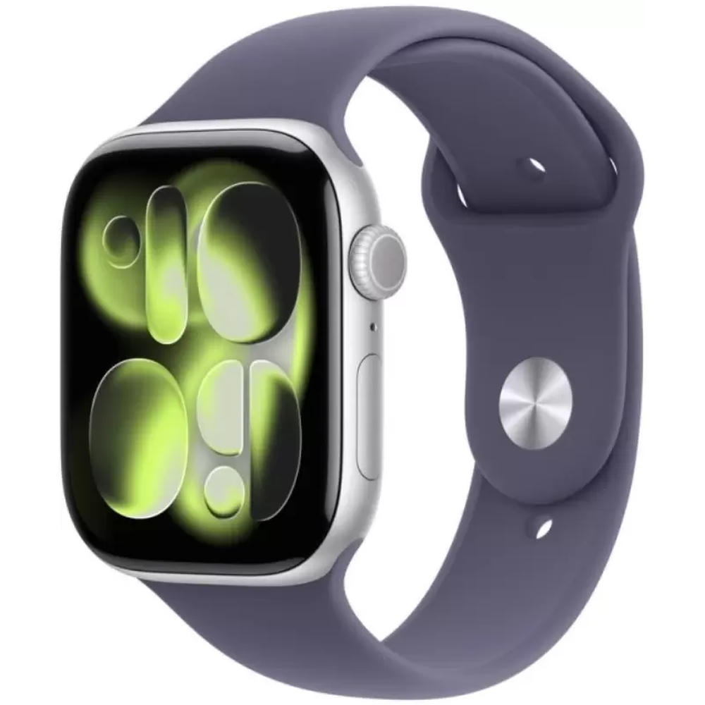 Умные часы Apple Watch Series 11 42 мм (алюминиевый корпус, серебристый/фиолетовый туман, спортивный силиконовый ремешок S/M)
