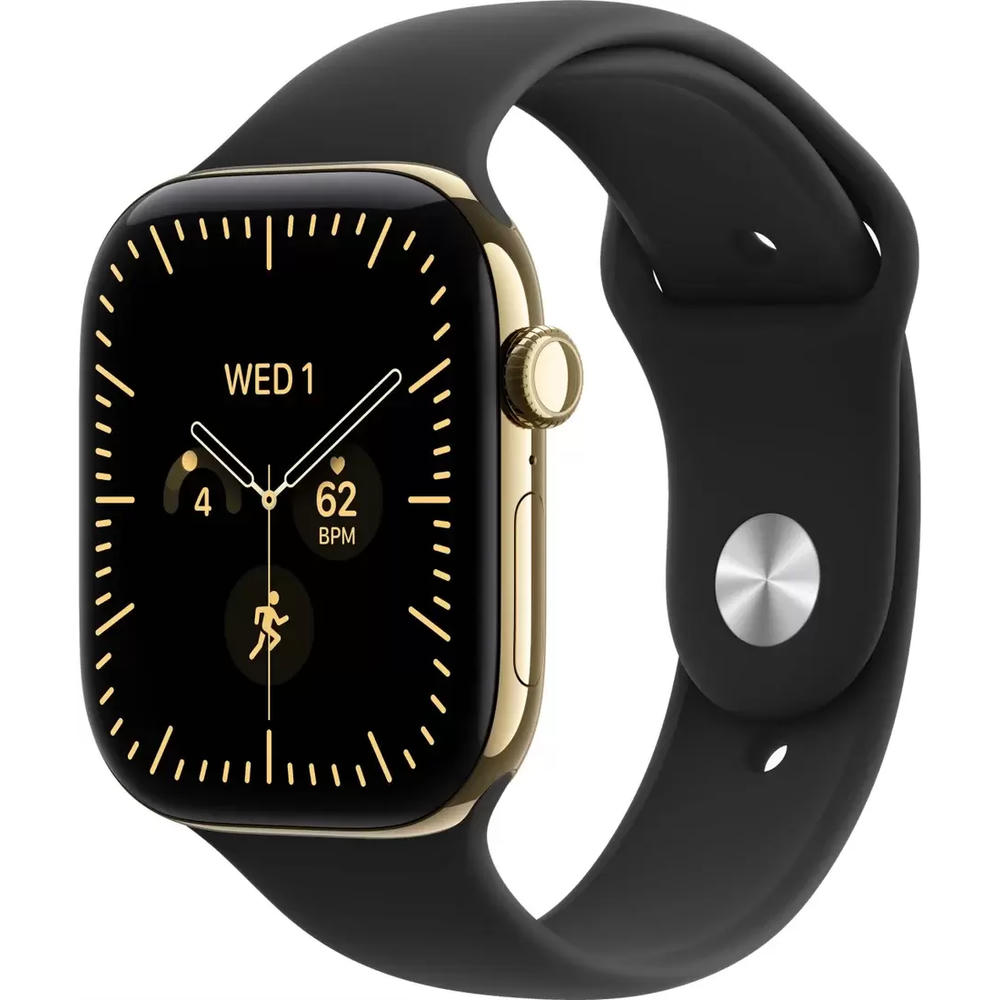 Умные часы Apple Watch Series 12 LTE 42 мм (титановый корпус, сияющее золото/черный, спортивный силиконовый ремешок S/M)