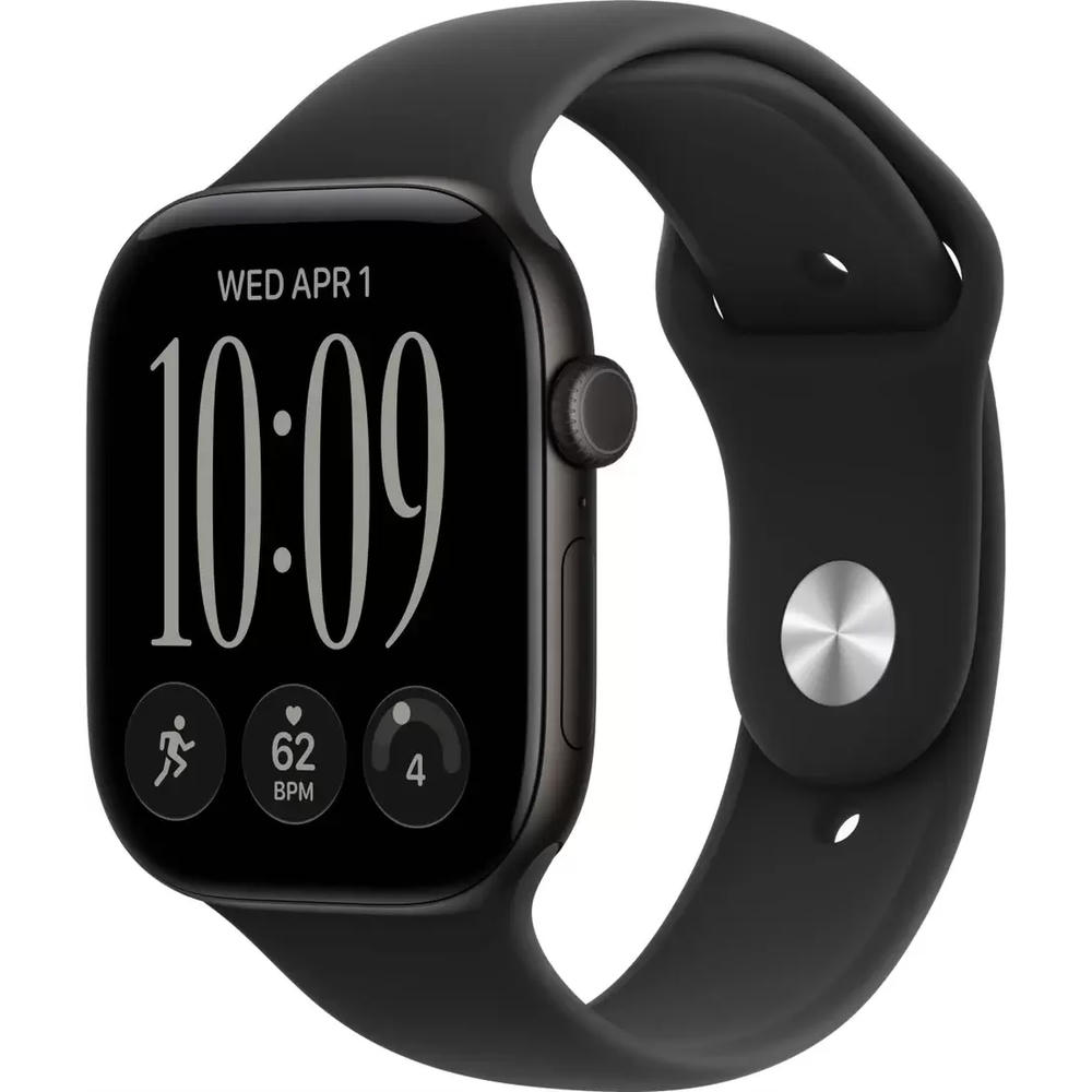Умные часы Apple Watch Series 12 46 мм (алюминиевый корпус, черный/черный, спортивный силиконовый ремешок S/M)